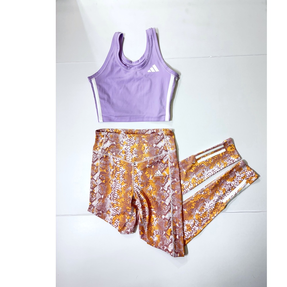 Sold.   Adidas Womens 2pc Set Lavender Stripe Crop Top & Orange Snakeskin